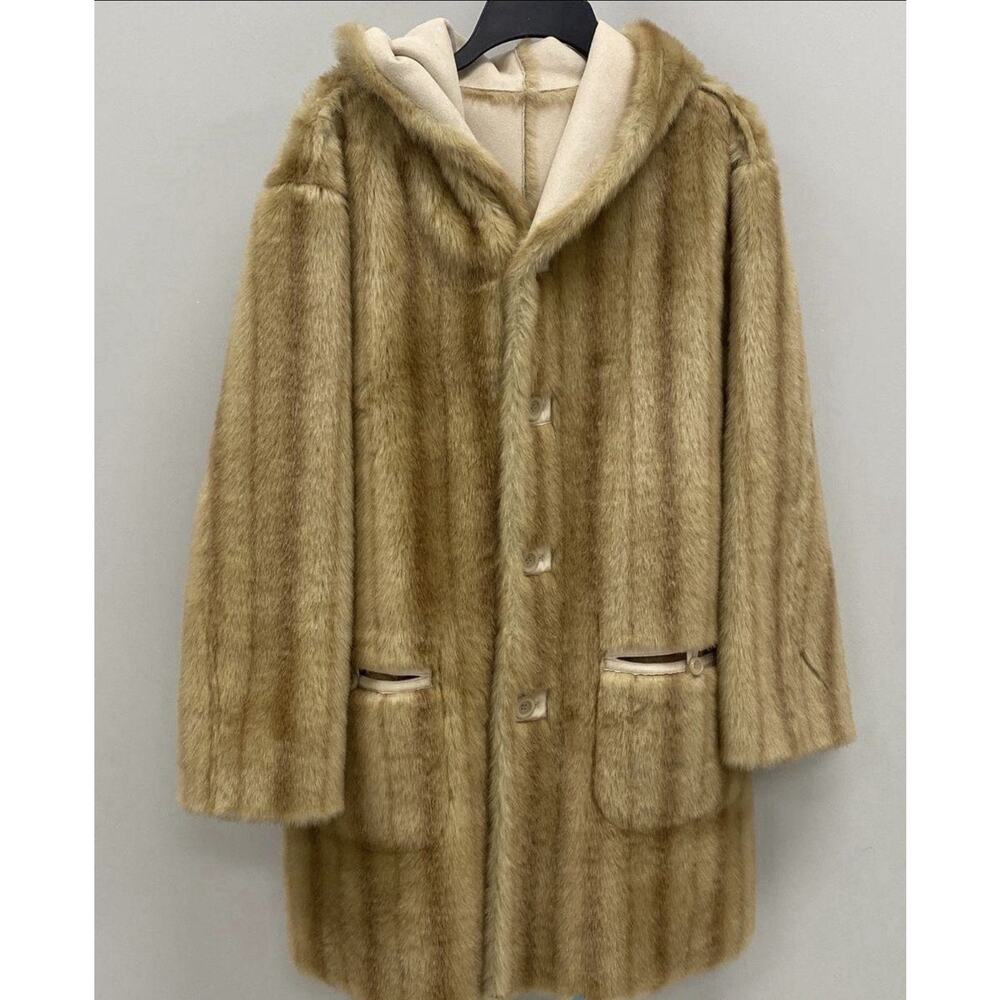 Jones NY Faux Suede Fur Coat Sz L Golden Tan Hooded Plush Reverse Jacket Mob Y2k - Picture 11 of 13